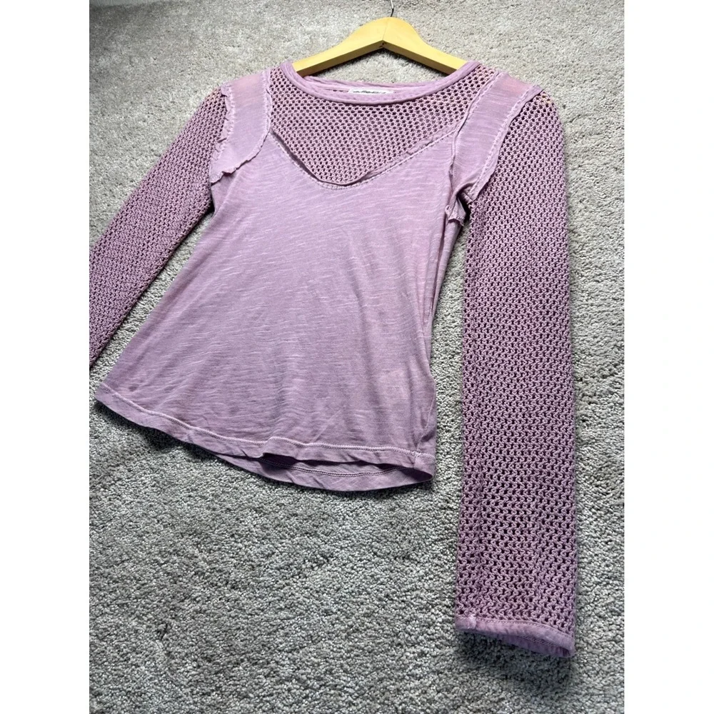 Free People Solar Eclipse Lavender Mesh Mix Long Sleeve Top S Purple Textured